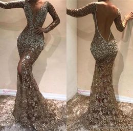 Deep V Neck Long Sleeves Sequins Mermaid Long Evening Dresses Beaded Sheer Mesh Top Split Backless Formal Party Prom Dresses BC0975