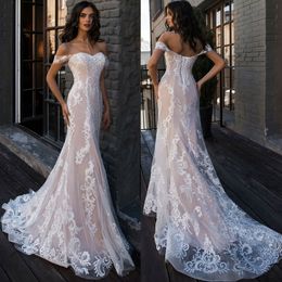 Sexy Mermaid Wedding Dresses Off the Shoulder Illusion Appliqued Lace Bridal Gowns Sweep Train Tulle Wedding Dress