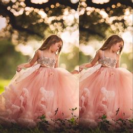 New Puffy Flower Girl Dresses For Weddings Blush Pink Lace Appliques Beads With Bow Ruffles Tiered Girls Pageant Dress Kids Communion Gowns