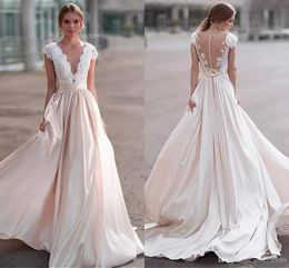 custom cap sleeves lace wedding dresses with appliques sheer neck sweep train a line wedding bridal gowns