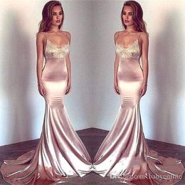 Pink Mermaid Blush Evening Sexy Spaghetti Straps Lace Applique Silk Stain Party Wear Prom Dresses Formal Gowns Custom