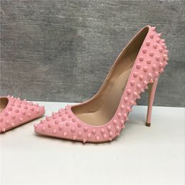 New pink lacquer rivets, thin-heeled pointed high-heeled shoes, 12CM super-high-heeled, fashionable and sexy banquet shoes, custom-made 33-4