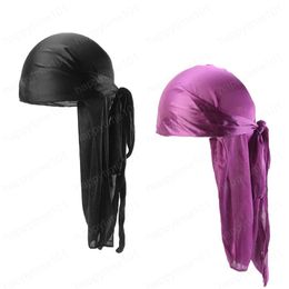 Silky Durags Men Women Durag Long Tail Doo Rag Chemo Cap BreathableTurban Pirate Solid Headwear 2Pcs/lot