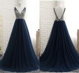 Bling Beaded Sequin Dresses Navy Blue Prom Dress 2019 V-neck Tulle Empire Waist Dresses Evening Wear Formal Gowns vestido de novia