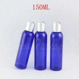 150ML Blue Round Plastic Bottle Silver Disc Top Cap , 150CC Lotion / Shower Gel Packaging Bottle , Empty Cosmetic Container