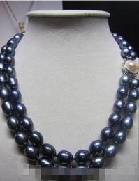 double strands 9-10mm tahitian black green baroque pearl necklace 18-19"