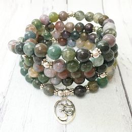 MG0478 Natural Fancy Beads 108 Mala Bracelet Indian Agate Handmade Women`s Bracelet Ohm Charm Yoga Balance Necklace