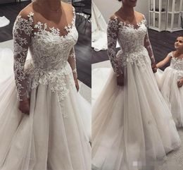 Dresses Sleeves Long A Line Jewel Sheer Neck Lace Applique Sweep Train Beaded Wedding Bridal Gown Vestido De Novia Pplique pplique