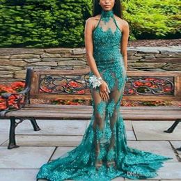 New Arrival 2020 Mermaid Prom Dresses Lace Appliques High Jewel Neck Beaded Pearls Floor Length Evening Gowns Women Formal Party Dress