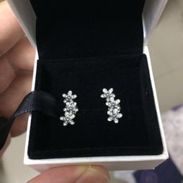 Wholesale- Silver CZ Diamond flowers Stud EARRING Original Box Set for Pandora 925 Snow Earrings Women Girls Gift Jewellery