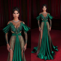 Illusion Arabian Green Prom Dress Sheer Neck Long Sleeve Beading Appliques Evening Dresses Sexy Ruffles Party Wear