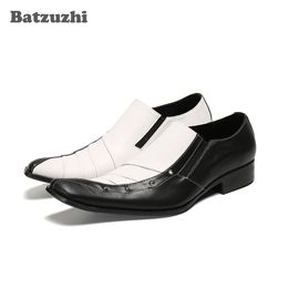 Batzuzhi Personality Men's Genuine Leather Shoes Mixed Color Black White Business and Party Dress Shoes Men Slip on Chaussures!