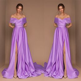 Modest Purple Sliviamo A Line Prom Dress Off Shoulder Short Sleeve Split SatinParty Dress Sweep Train robes de soirée
