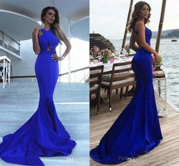 Yeni Geliş Royal Blue Ucuz Denizkızı Gelinlik Modelleri Uzun Saten Backless Tren Resmi elbise Parti Gowns Abiye Ucuz ogstuff Sweep