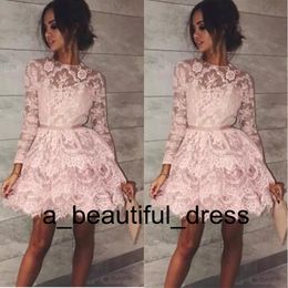 Short Pink Evening Dresses Formal Gowns Long Sleeves Illusion A line Lace Layers Homecoming Cocktail Party Graduation Dress GD7798