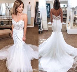 Beach Sexy Mermaid Backless Spaghetti Straps Illusion Lace Applique Tulle Wedding Dress Bridal Gowns Plus Size Robe De Mariage