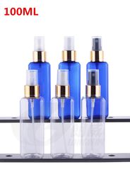 100ml transparent square empty plastic bottles gold Aluminium sprayer ,100cc cosmetic containers perfume bottle with spray bottle