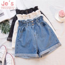 Summer Korean Sweet Ruffles Women Denim Shorts Casual Female High Waist Button Shorts Mujer Cute Empire Mini Elastic Jeans