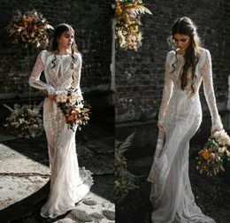 Elegant Mermaid Wedding Dresses Jewel Neck Lace Appliqued Vestidos De Novia Sweep Train Custom Made Country Wedding Dress