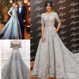 Luxury Zuhair Murad 2020 Evening Dresses Lace Applique Beads Sweep Train Silver A Line Prom Gowns Crystal Short Sleeve Party Formal Dress