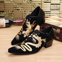 Style Dragon Chinese Embroidery Oxford for Suede Leather Pointed Toe Derby Party Lace Up Formal Shoes Men Brogue