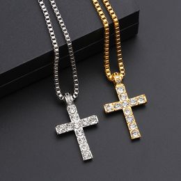 Hip Hop Alloy Gold Colour Cross Pendant Necklace Religious crystal Crucfix Necklace Jewely For Men Cuban Chain