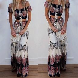 2019 Summer Boho Sexy Strapless Slash Neck Short Sleeve Crop Tops&Long Skirts Fashion Print Beach Maxi Skirt Suit Two Piece Set T200702