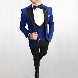 New Hot Selling One Button Royal Blue Wedding Groom Tuxedos Peak Lapel Groomsmen Mens Dinner Blazer Suits (Jacket+Pants+Vest+Tie) 516