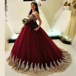 Gold Applique Lace Princess Prom Quinceanera Dresses 2020 Ball Gowns Cheap Strapless Open Back Burgundy Party Sweet 15 Girls Dress Pageant