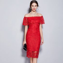 Women's Runway Dresses Slash Neckline Embroidery Lace Elegant Red Party Casual Dresses