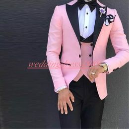 Newest Pink Slim Business Men Suits Groom Tuxedos Best Man Bridegroom Formal Suit Wedding Tuxedos Suits Groomsmen Suits (Jacket+Pants+Vest)