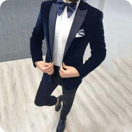 High Quality One Button Navy Blue Velvet Groom Tuxedos Peak Lapel Men Suits 2 pieces Wedding/Prom/Dinner Blazer (Jacket+Pants+Tie) W699