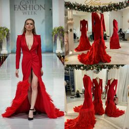 2020 Red Long Formal Dresses Deep V Neck Satin Feather High Front Split Long Sleeve Evening Dress Custom Made Vestidos De Noche