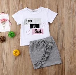 New Baby Kids Girls Dress Summer Short Sleeves T-shirt Tops Ruffles Skirts Dress You Go Girl Floral Casual Baby Clothes Set