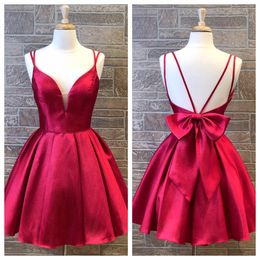 Bright Red Homecoming Dresses 2019 A Line Spaghetti V Neck Short Prom Party Dance Gowns Real Photo Big Bow Backless Cocktail Hoco Graduation