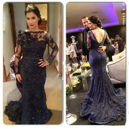 Dark Navy Mermaid Mother Of The Bride Dresses Bateau Long Sleeve Beaded Appliques Backless Evening Prom Dress Wedding Guest Gowns Plus Size 0505