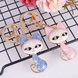 Cute cat crystal rhinestone keyrings big eyes beauty kitten key chains rings holder purse bag for car lovely keychains