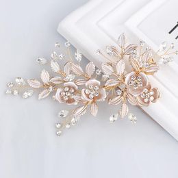 Handmade Golden Crystal Freshwater Pearls Flower Leaf Wedding Hair Clip Barrette Bridal Headpiece Hair accessories