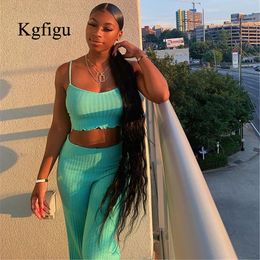 KGFIGU Ribbed two piece set 2019 Summer crop tops and wide leg pants casual knitting matching sets womens clothing T200116