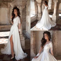 New Sexy Side Split Wedding Dresses Summer Chiffon Beach Sheer Jewel Long Sleeves Applique Lace Wedding Gowns Milla Nova Beach Bridal Dress