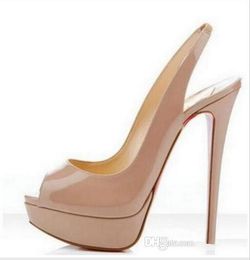 Marke nackte Farbe Fischmaul 14cm roter Boden High Heels, Frauen Luxus schwarz Lackleder Plattform Peep Toes Sandalen, glänzende Lederschuhe Marke nackte Farbe Fischmaul 14cm roter Boden High Heels, Frauen Luxus schwarz Lackleder Plattform Peep Toes Sandalen, glänzende Lederschuhe