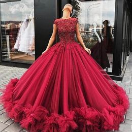 Burgundy Princess Prom Formal Dresses Puffy Floral Lace Beaded Liastublla Design Lace Tutu Full length evening gown wear
