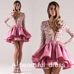 Short Prom Graduation Dresses A-Line Sequined Deep V Neckline Evening Gowns With Long Sleeves Occasion Dress Cheap GD7808