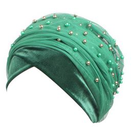 Wholesale New Elegant Muslim Women Velvet Beaded Pearled Turban Cap Mesh Wrap Headscarf Long Tail Wrap Hat