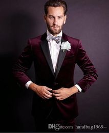 One Button Dark red Velvet Groom Tuxedos Notch Lapel Man Prom Blazer Mens Wedding Dress Suits (Jacket+Pants+Tie) D:59