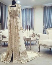 Moroccan Caftan Kaftan Evening Dresses Dubai Abaya Arabic Long Sleeves Amazing Gold Embroidery Square-Neck Occasion Prom Formal Go204m