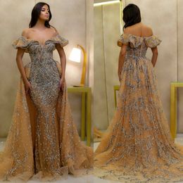 2020 New Gold Mermaid Evening Dresses with Ruffles Off Shoulder Beading Prom Gowns Luxury Overskirt Designer Celebrity Dress