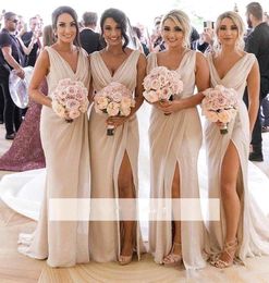 2020 V Neck Chiffon Mermaid Long Cheap Bridesmaids Dresses Ruched Split Summer Beach Wedding Guest Plus Size Maid of Honour Dresses