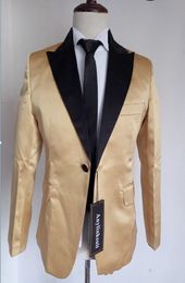New Stylish Design Groom Tuxedos One Button Gold Peak Lapel Groomsmen Best Man Suit Mens Wedding Suits (Jacket+Pants+Tie) 970