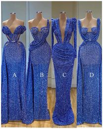 2020 Royal Blue Sequin Long Sleeve Prom Dresses African Deep V Neck Mermaid Aso Ebi Dubai Evening Gowns